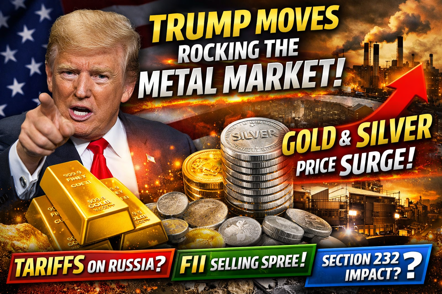 Stock Market Update Today: बाजार में हल्की मजबूती, लेकिन tension बरकरार आज का Market Update Hindi देखें तो बाजार में हल्की सी तेजी जरूर नजर आई, लेकिन पूरी तरह से confidence अभी भी नहीं है। इसकी एक बड़ी वजह मानी जा रही है India US trade talks को लेकर चल रही positive उम्मीदें। Investors को लग रहा है कि अगर भारत और अमेरिका के बीच trade relations मजबूत होते हैं, तो उसका फायदा Indian stock market को मिल सकता है। इसी वजह से Nifty Today, Sensex Update, और overall Share Market News Hindi में थोड़ी राहत दिखी। लेकिन इसके बावजूद market का mood पूरी तरह bullish नहीं है, क्योंकि एक कमजोर कड़ी अभी भी बनी हुई है। Market की Weakest Link: लगातार FII Selling और Metal Sector की ओर रुख इस समय market की सबसे बड़ी weakness है FII selling today। लगातार Foreign Institutional Investors भारतीय बाजार से पैसा निकाल रहे हैं। दूसरी तरफ DII buying काफी strong बनी हुई है। Domestic investors और mutual funds बाजार को संभालने की कोशिश कर रहे हैं, लेकिन जब तक FII वापस नहीं आते, तब तक market में volatility बनी रह सकती है। दिलचस्प बात ये है कि FIIs stock market से निकलकर अब तेजी से Metal Sector Investment की तरफ shift हो रहे हैं। खासकर Gold investment, Silver investment, और दूसरे industrial metals में उनकी दिलचस्पी बढ़ रही है। यही वजह है कि हाल के दिनों में Gold Silver Price Today in India लगातार ऊपर जाते दिख रहे हैं। Gold Silver Price Today: क्यों बढ़ रहे हैं सोना-चांदी के दाम? अगर आप देख रहे हैं कि अचानक Gold rate today और Silver price today में तेज उछाल क्यों आ रहा है, तो इसके पीछे कई बड़े global कारण हैं। 🔹 1. Global Uncertainty और Trump factor Donald Trump के पुराने फैसले, जैसे 2018 में steel और aluminum पर tariffs, आज भी market को याद हैं। अब फिर से अगर Trump किसी तरह के trade tariffs, minerals duty, या import restrictions लाते हैं, तो global supply chain पर असर पड़ेगा। ऐसे समय में investors सबसे पहले safe haven की तरफ भागते हैं – और यही role निभाता है Gold and Silver। 🔹 2. Industrial Demand का बढ़ना Silver सिर्फ एक precious metal नहीं है, बल्कि एक बड़ा industrial metal भी है। EV sector, solar panels और electronics में silver की heavy demand है। यही वजह है कि Silver price forecast लगातार bullish नजर आ रहा है। 🔹 3. Venezuela और Russia से जुड़ी US policy वीडियो में बताया गया कि अमेरिका के Venezuela से जुड़े फैसले और रूस पर संभावित 500% tariff on trade with Russia जैसी बातें भी metal market को support कर रही हैं। ऐसे geopolitical tensions हमेशा gold silver rally को मजबूत करते हैं। Section 232 Investigation: Silver और Copper बन सकते हैं Game Changer अब बात करते हैं एक बहुत ही important मुद्दे की – Section 232 Investigation। अमेरिका में इस कानून के तहत सरकार ये जांच कर सकती है कि कोई imported mineral या product national security के लिए खतरा है या नहीं। अगर silver और copper जैसे metals को essential minerals घोषित कर दिया जाता है, तो उन पर heavy import duties लग सकती हैं। इसका सीधा असर पड़ेगा global supply पर। जब supply tight होती है और demand strong रहती है, तो सबसे पहले जो बढ़ता है, वो है price। इसीलिए experts मान रहे हैं कि आने वाले समय में: Silver price surge Copper price jump और Gold strong trend देखने को मिल सकता है। यही वजह है कि अभी से Metal stocks India, Gold ETFs, और Silver ETFs में interest बढ़ता जा रहा है। Metal Sector में Opportunities: क्या अभी निवेश का सही समय है? आज के हालात देखें तो Metal sector outlook काफी मजबूत दिख रहा है। FIIs metal sector में जा रहे हैं Global uncertainty बनी हुई है Industrial demand high है Trump factor और US trade policy बड़ा role निभा सकते हैं इन सभी चीजों को जोड़ें, तो साफ दिखता है कि Gold Silver investment strategy आने वाले महीनों में काफी popular हो सकती है। हालांकि, investors को blindly invest नहीं करना चाहिए। हमेशा risk management, diversification, और long term approach जरूरी है। Zen Technologies Share News: Defence और Drone सेक्टर में हलचल वीडियो में एक खास कंपनी का भी जिक्र हुआ – Zen Technologies Ltd। कंपनी को हाल ही में Ministry of Defence से करीब ₹4 करोड़ का order मिला है। Zen Technologies defence training systems, simulation technology और drone solutions पर काम करती है। आज के समय में जब: Defence stocks in India Drone manufacturing companies और Make in India defence sector तेजी से grow कर रहे हैं, ऐसे में Zen जैसी companies investors के radar पर आ रही हैं। हालांकि ये एक mid/small cap nature की stock है, इसलिए इसमें volatility ज्यादा हो सकती है। लेकिन long term में defence sector growth India एक बड़ा theme बन सकता है। Mutual Fund Portfolio Review: सही diversification क्यों जरूरी है? वीडियो के आखिरी हिस्से में Mutual Fund Portfolio पर चर्चा की गई। Small cap, mid cap और large cap funds की performance को देखकर एक important बात निकलकर आती है – over-diversification नुकसानदायक हो सकता है। बहुत सारे funds रखने से: Returns dilute हो जाते हैं Tracking मुश्किल हो जाती है और risk manage करना कठिन हो जाता है Experts की सलाह यही है कि: Limited लेकिन strong funds रखें Small cap mutual fund, Mid cap fund, और Large cap fund का balanced mix बनाएं और time-time पर portfolio review करते रहें आज के माहौल में जहाँ metal sector strong दिख रहा है, वहीं defence और quality large caps भी long term stability दे सकते हैं। Donald Trump, Gold और आने वाला समय: Investors को क्या करना चाहिए? इतिहास गवाह है कि जब भी global politics में बड़ा नाम active होता है, market emotions तेजी से बदलते हैं। Donald Trump news impact on market पहले भी देखा जा चुका है। अगर आने वाले समय में: Trade war Tariffs Minerals investigation या geopolitical tensions बढ़ते हैं, तो Gold Silver bullish trend और मजबूत हो सकता है। Investors के लिए best strategy यही हो सकती है: Portfolio में थोड़ा हिस्सा gold, silver और metal sector को दें Defence और strategic sectors पर नजर रखें Mutual funds में diversification और consolidation दोनों का balance बनाएं निष्कर्ष (Conclusion) आज का market सिर्फ numbers से नहीं, बल्कि global events से चल रहा है। Stock Market Today Hindi, Gold Silver Price Today, और Metal Sector News सब एक-दूसरे से जुड़े हुए हैं। FII selling, Trump factor, Section 232 investigation और rising industrial demand – ये सभी संकेत देते हैं कि आने वाले समय में metals market spotlight में रह सकता है। अगर आप smart तरीके से planning करते हैं, सही mutual fund portfolio, balanced metal exposure, और long-term सोच रखते हैं, तो ये समय सिर्फ डर का नहीं बल्कि opportunity का भी हो सकता है।